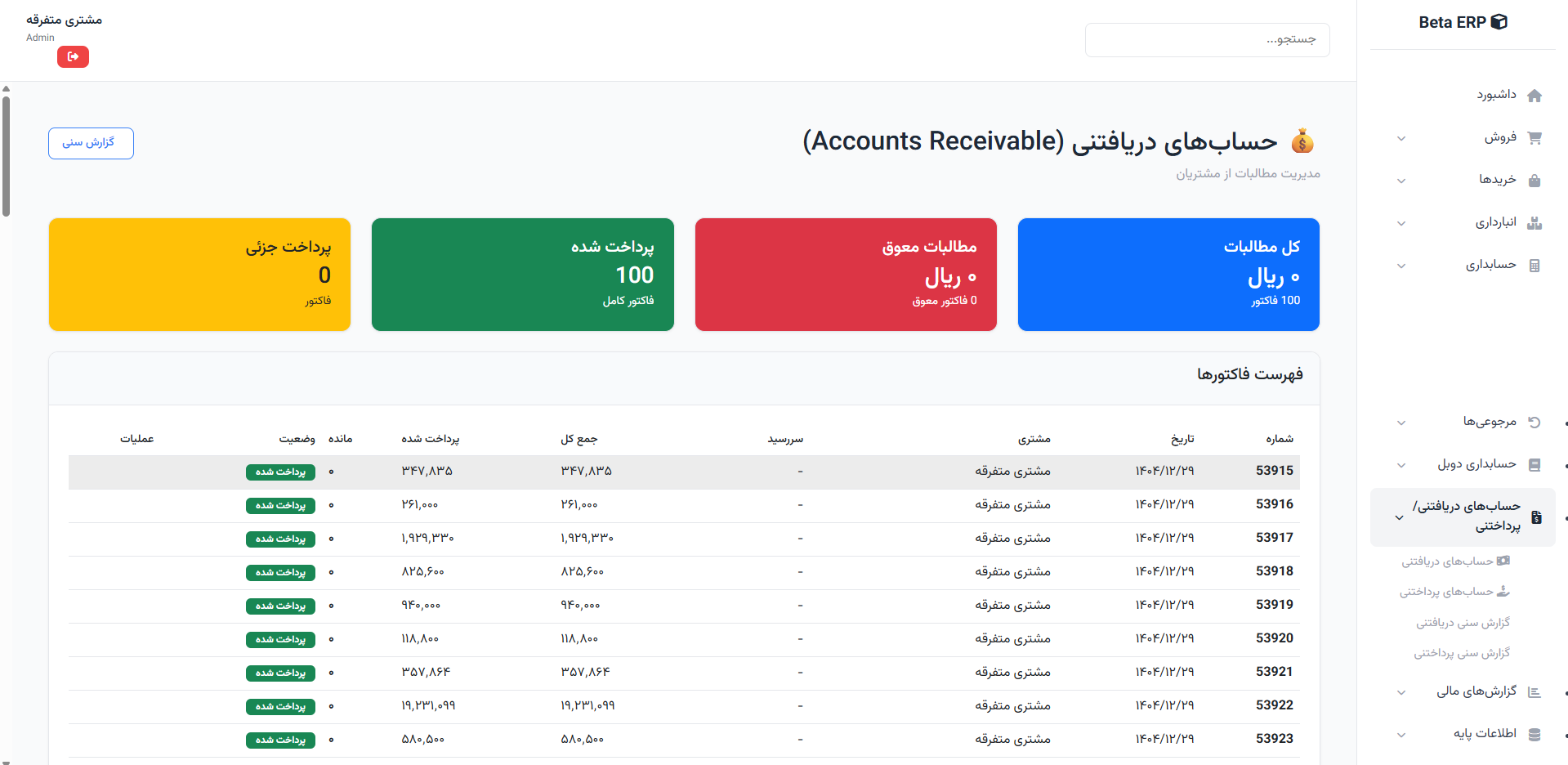 اسکرین‌شات حساب‌های دریافتنی در ERP r9s