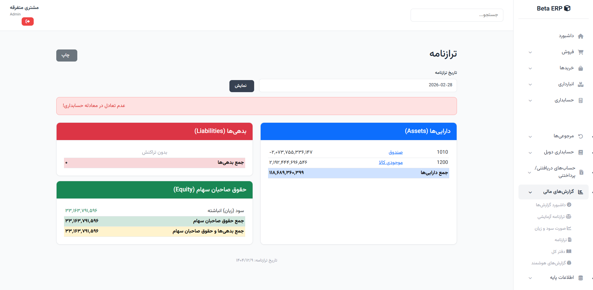 اسکرین‌شات ترازنامه در ERP r9s