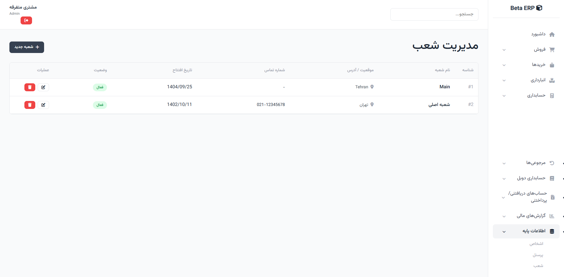 اسکرین‌شات مدیریت شعب در ERP r9s