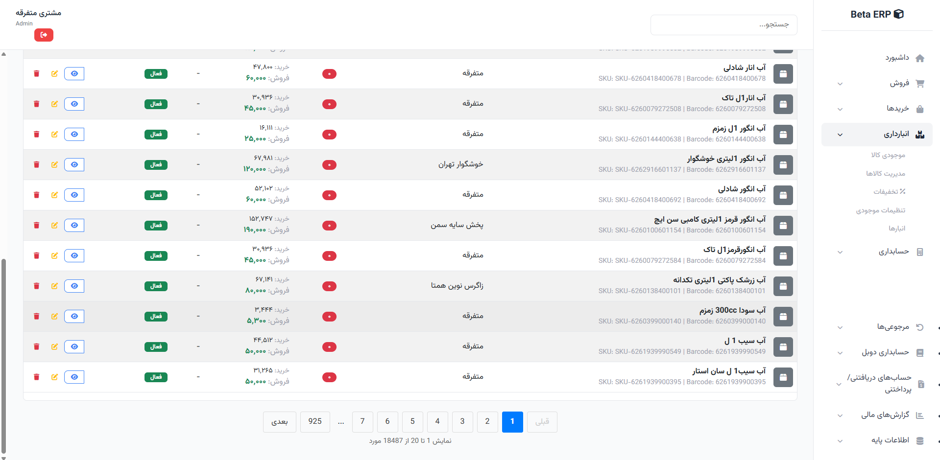 اسکرین‌شات صفحه‌بندی کالاها در ERP r9s