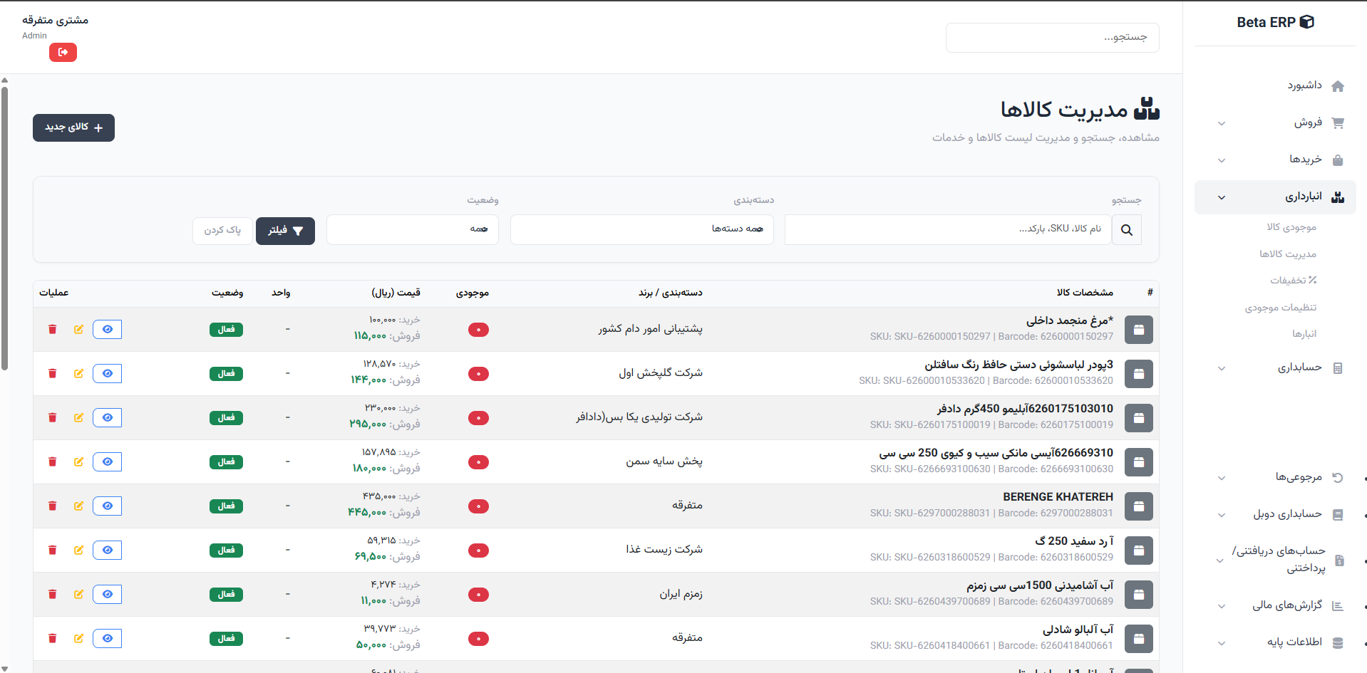 اسکرین‌شات مدیریت کالاها در ERP r9s