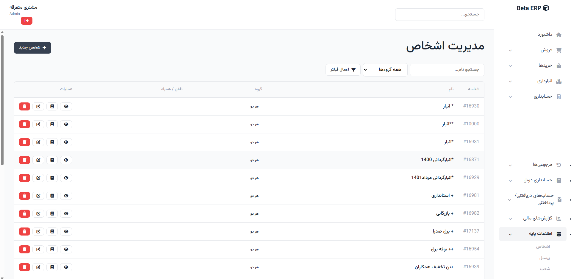 اسکرین‌شات اشخاص در ERP r9s